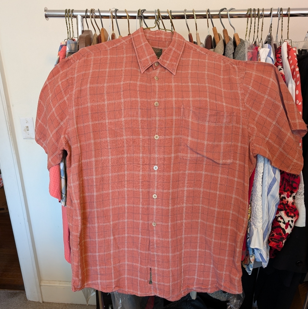 Scott Barber Red Rust Plaid Button Front Shirt 100% Linen Hong Kong